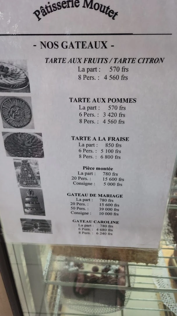 L. Moutet, carte papier nos gâteaux avec prix, tartes, pièces montées, gâteau de mariage